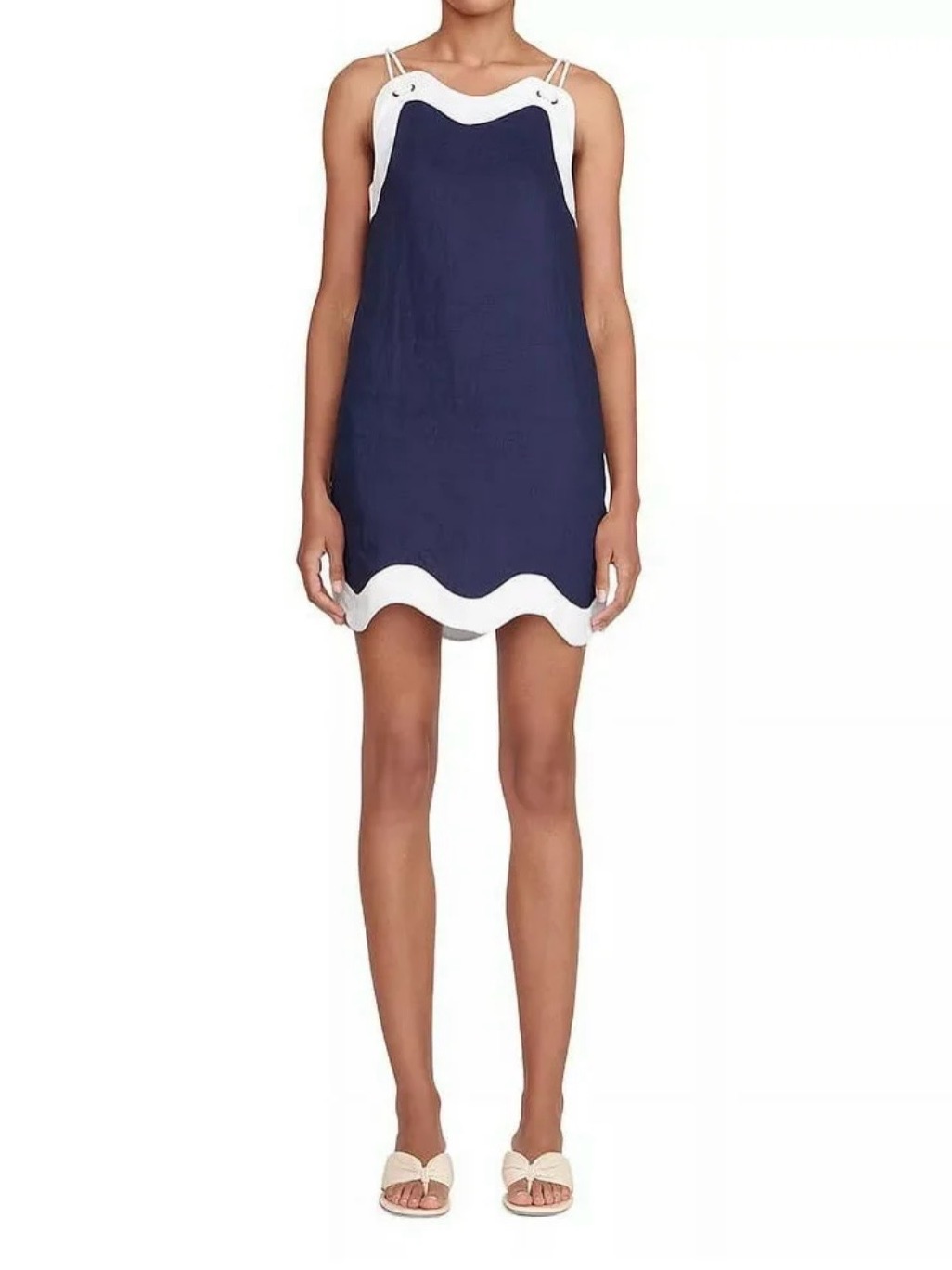 Staud Renata Linen Navy Mini Dress With White Scalloped Trim Size Xs
